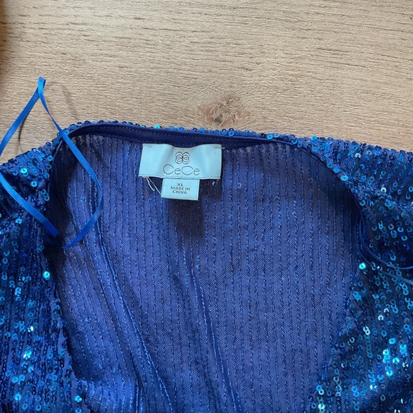 CeCe Electric Blue Sequin V-Neck Blouse - Picture 3 of 3